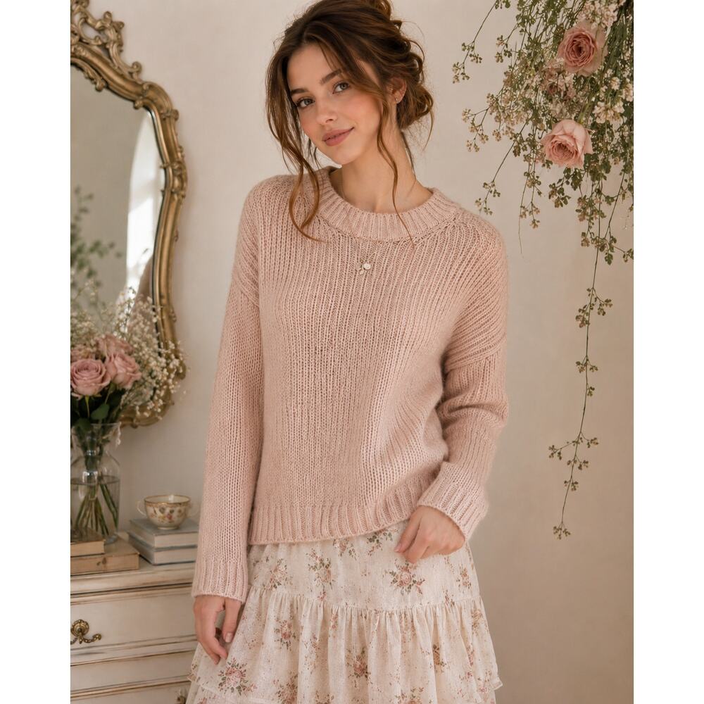 Pink Chunky Knit Sweater Size L Coquette Cottagecore Fairycore Relaxed Fit Cozy